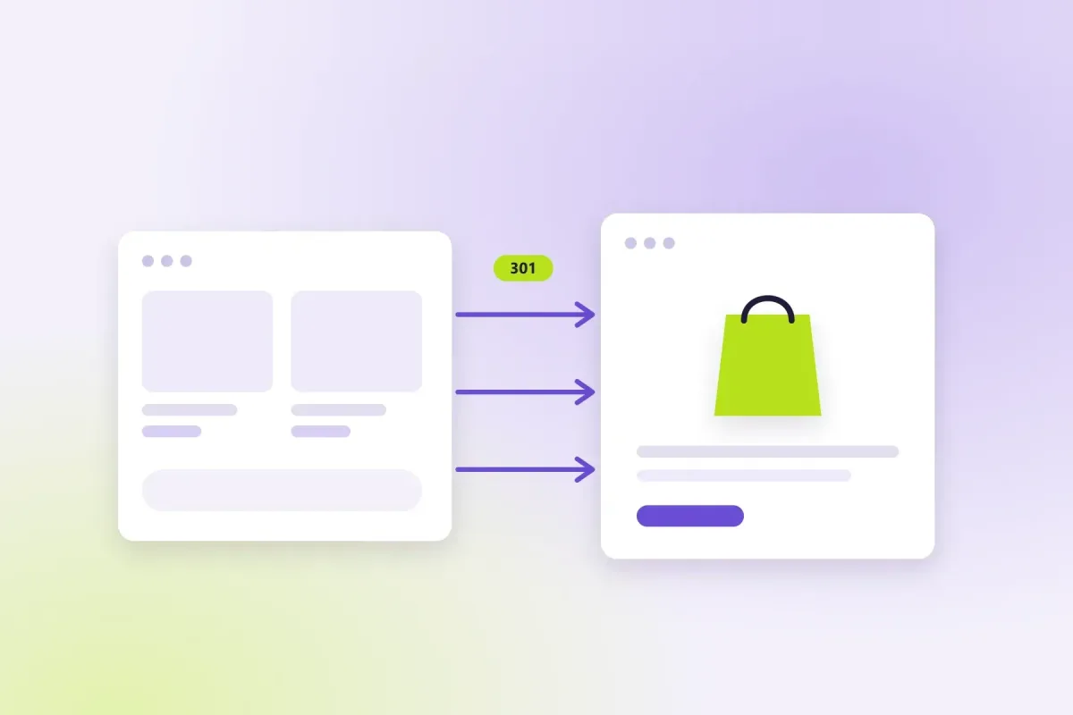 Eski e-ticaret sitesinden Shopify mağazasına yönlendirme oklarıyla taşınan sayfaları simgeleyen illüstrasyon