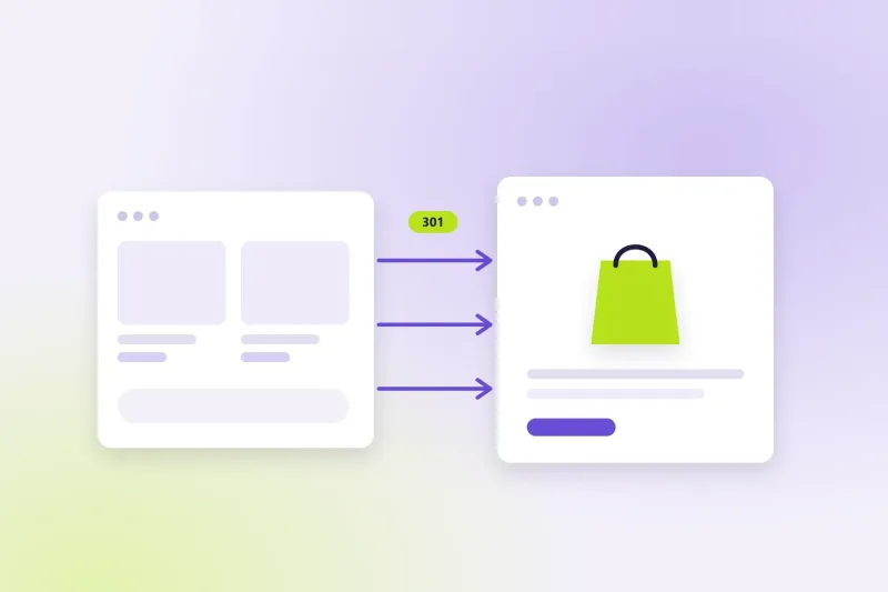 Eski e-ticaret sitesinden Shopify mağazasına yönlendirme oklarıyla taşınan sayfaları simgeleyen illüstrasyon